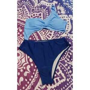 NEW Light Blue/Navy Blue Sexy Cutout Monokini One‎ Shoulder One Piece, Large